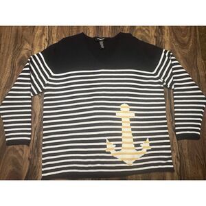 Norton Studio Navy Stripe Anchor V Neck Nautical Cotton Sweater Sz L